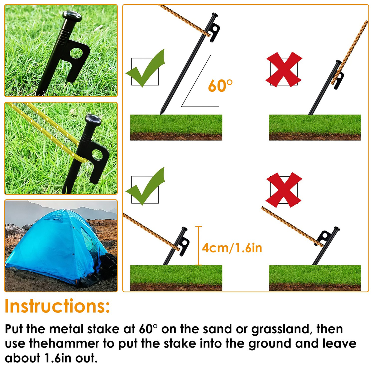 Camping Tent Stakes Set with Hammer and Reflective Ropes