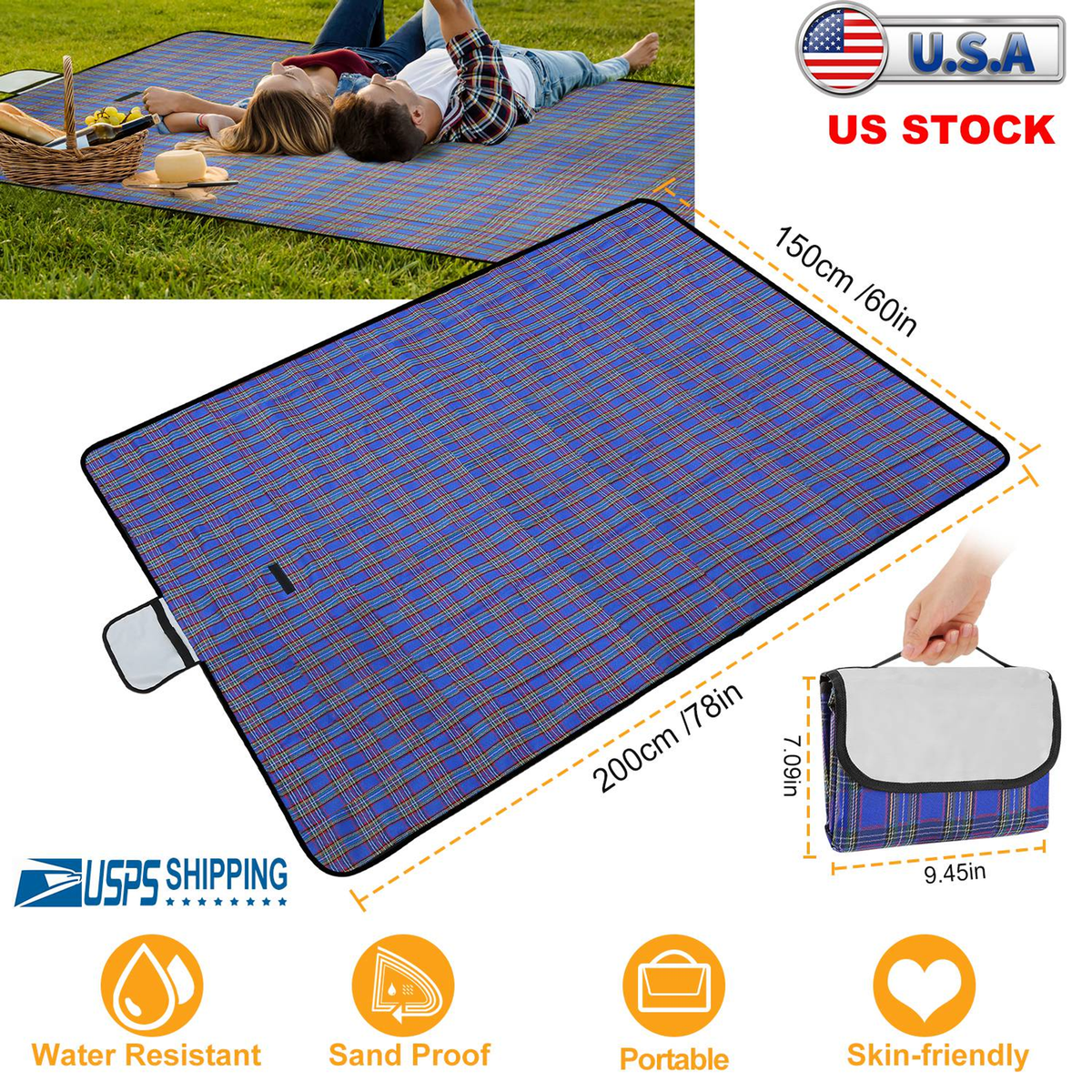 Waterproof Picnic Blanket 60 x 78 in, Blue