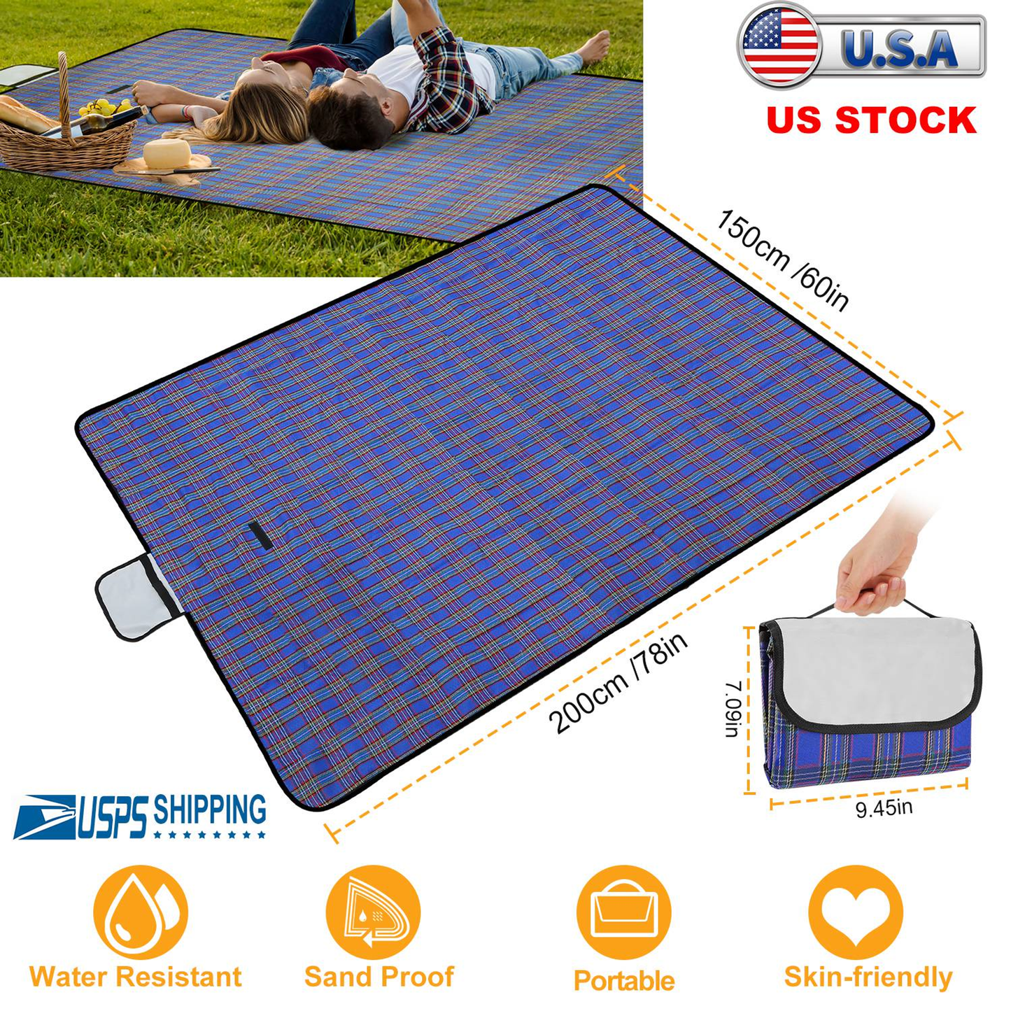 Waterproof Picnic Blanket 60 x 78 in, Blue