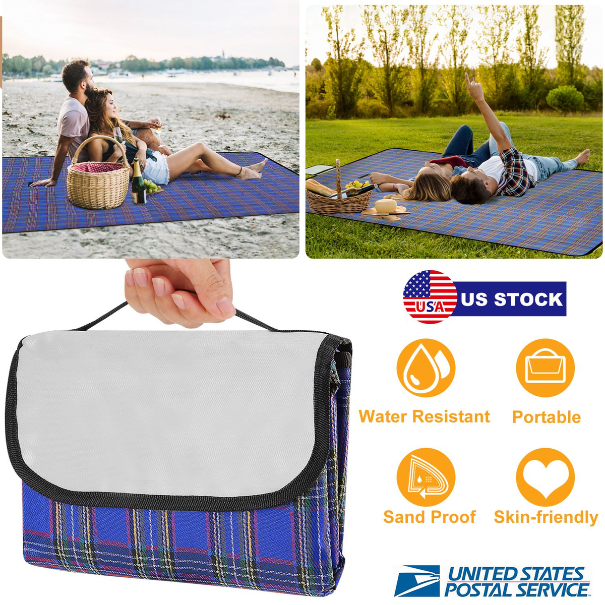 Waterproof Picnic Blanket 60 x 78 in, Blue