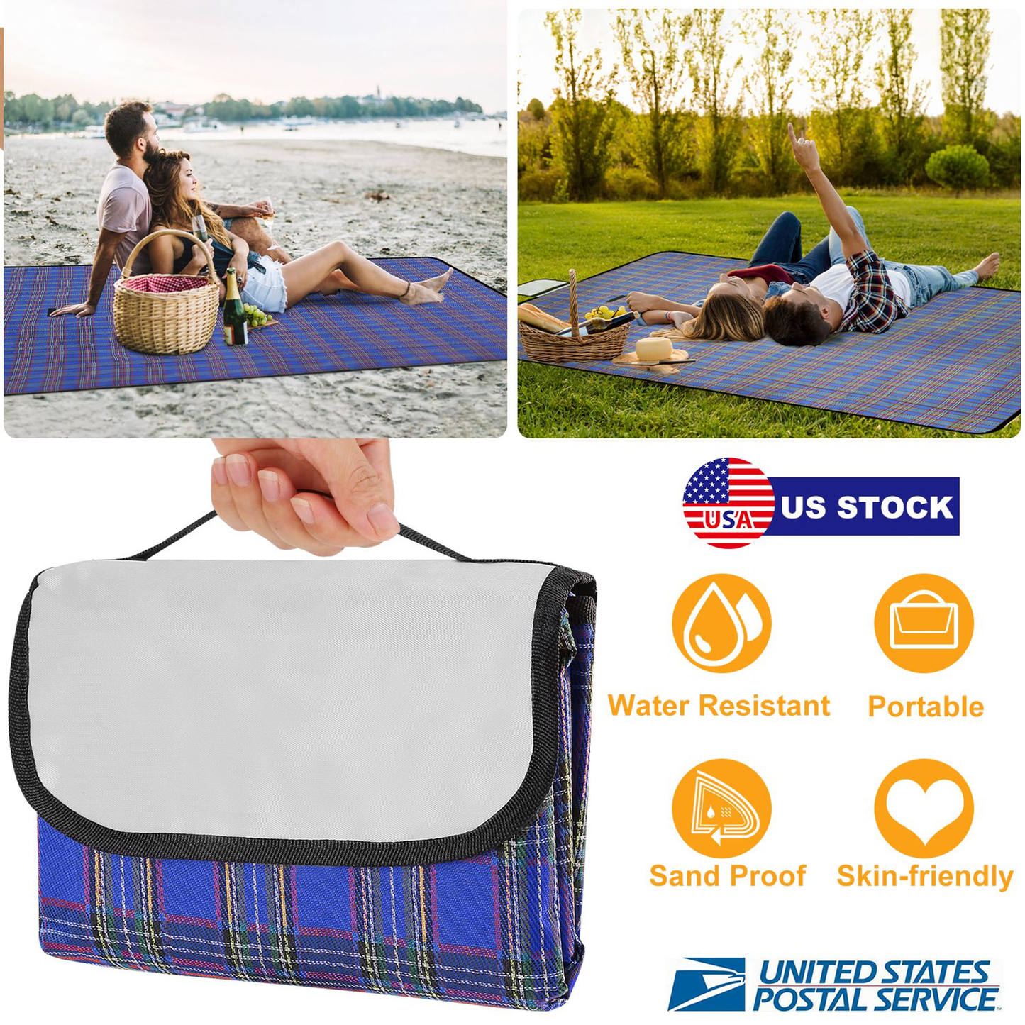 Waterproof Picnic Blanket 60 x 78 in, Blue