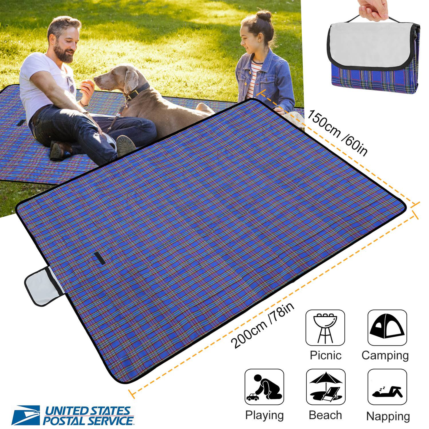 Waterproof Picnic Blanket 60 x 78 in, Blue