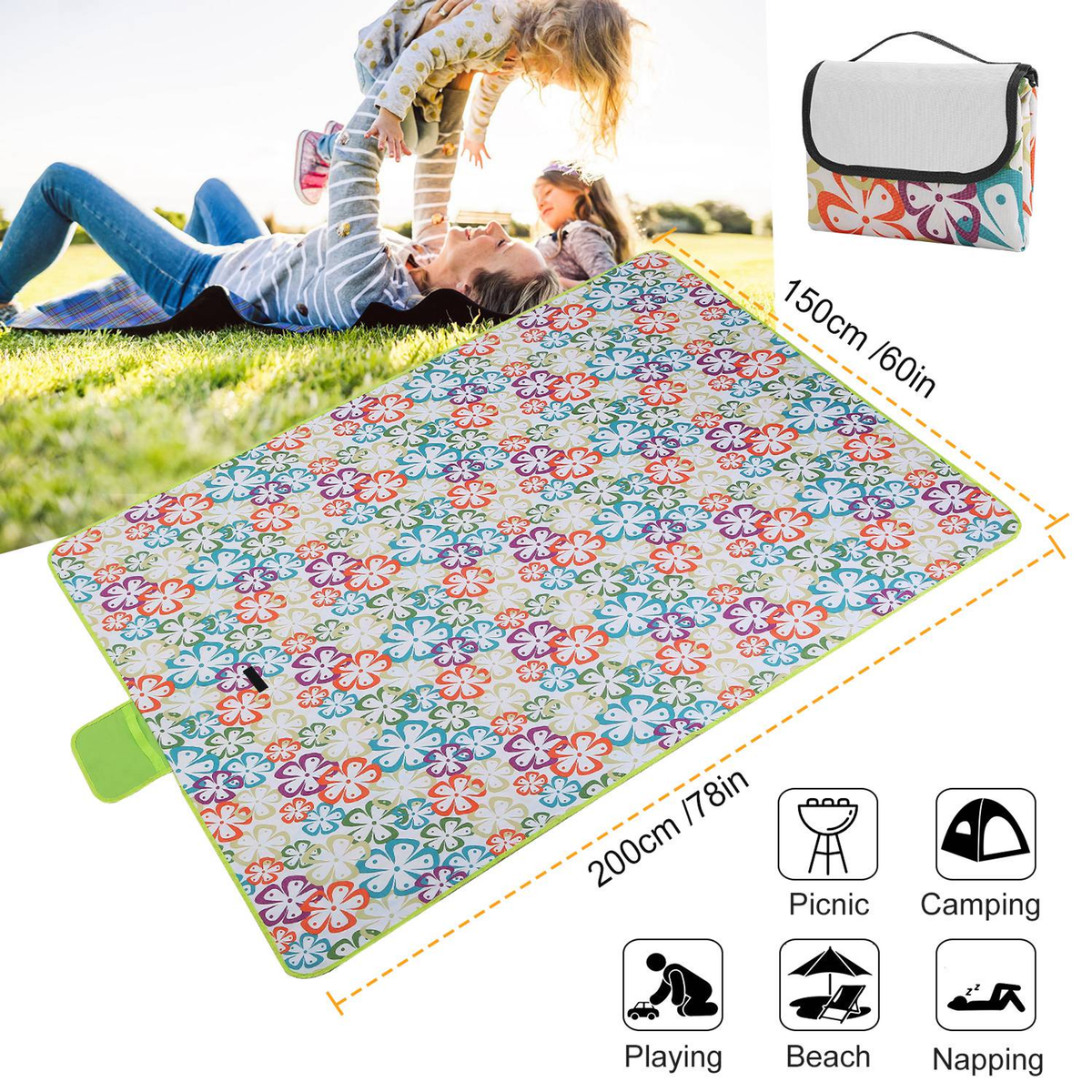 Waterproof Picnic Blanket 60" x 78", Green Floral