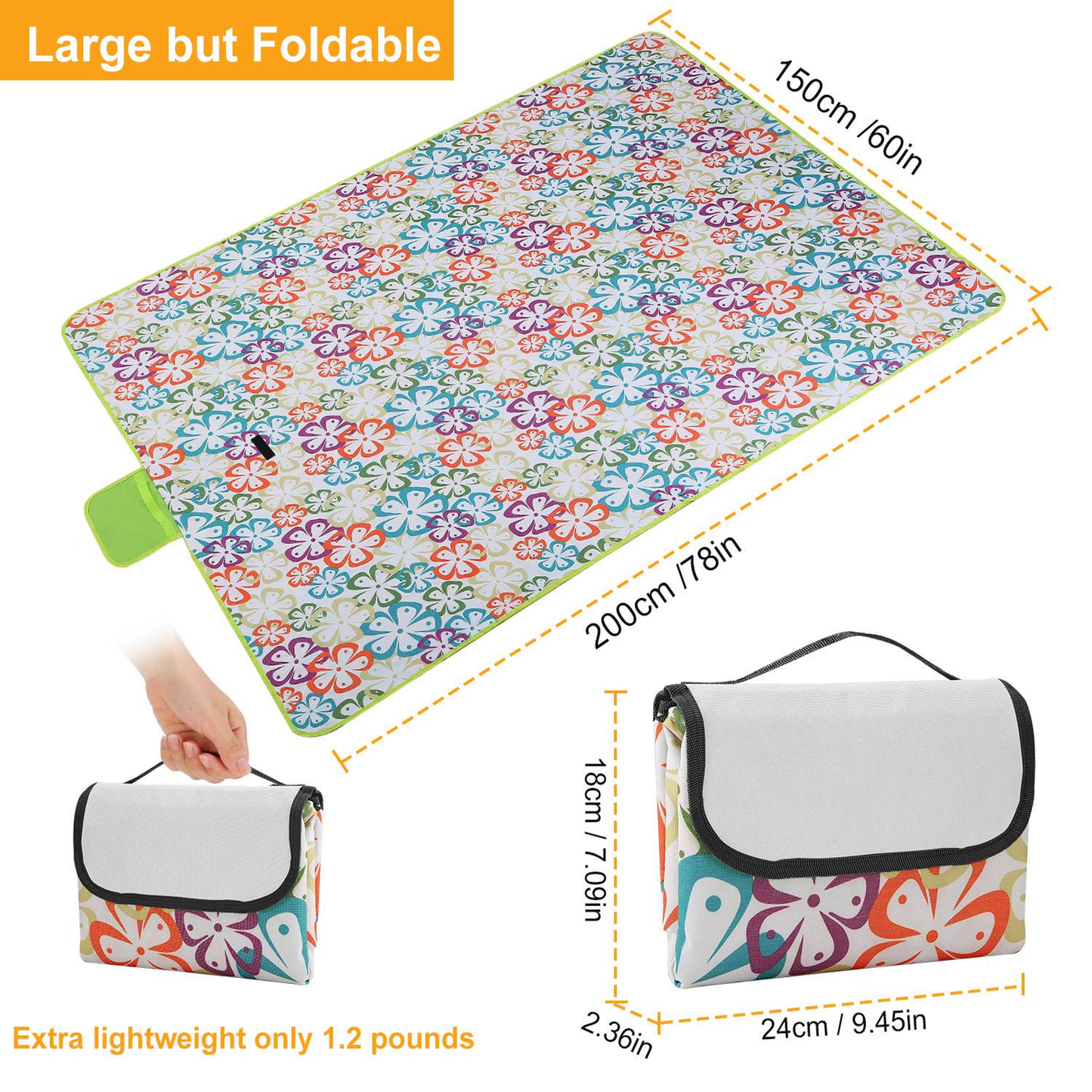 Waterproof Picnic Blanket 60" x 78", Green Floral