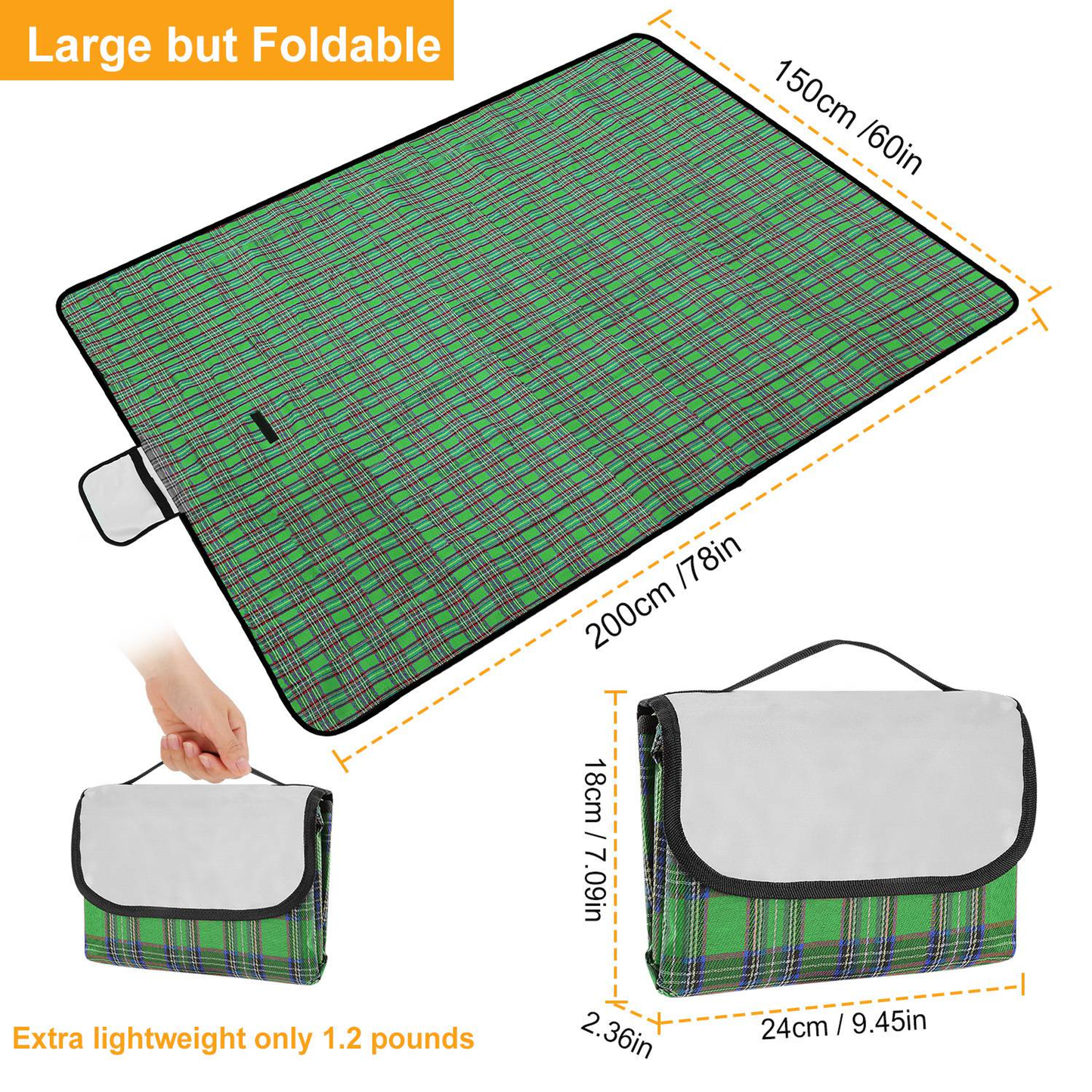 Waterproof Picnic Blanket 60" x 78", Green
