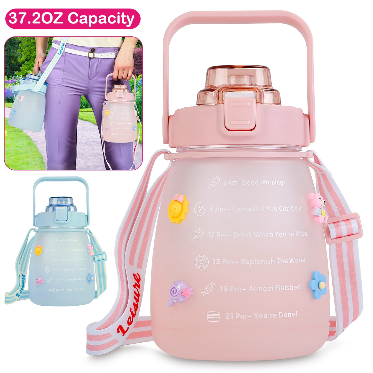 Kawaii 37.2 oz Water Bottle with Retractable Strap