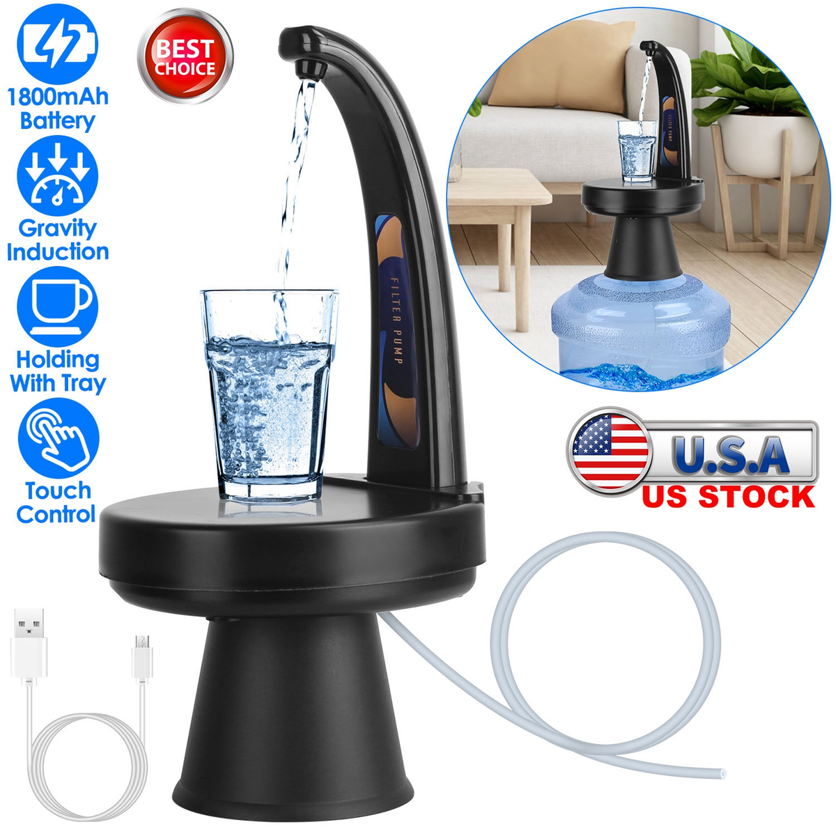 Automatic Touch Water Bottle Dispenser, Black