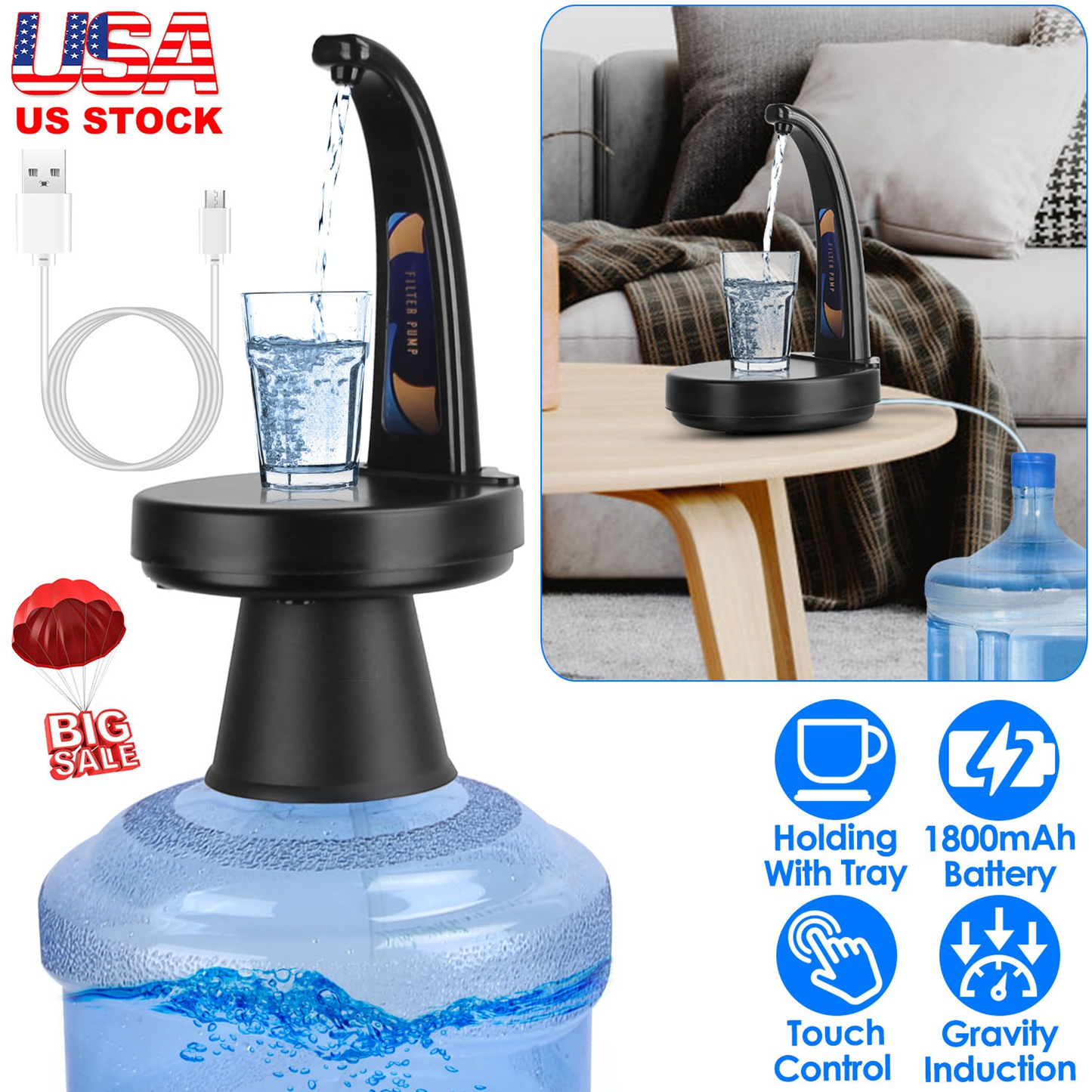 Automatic Touch Water Bottle Dispenser, Black