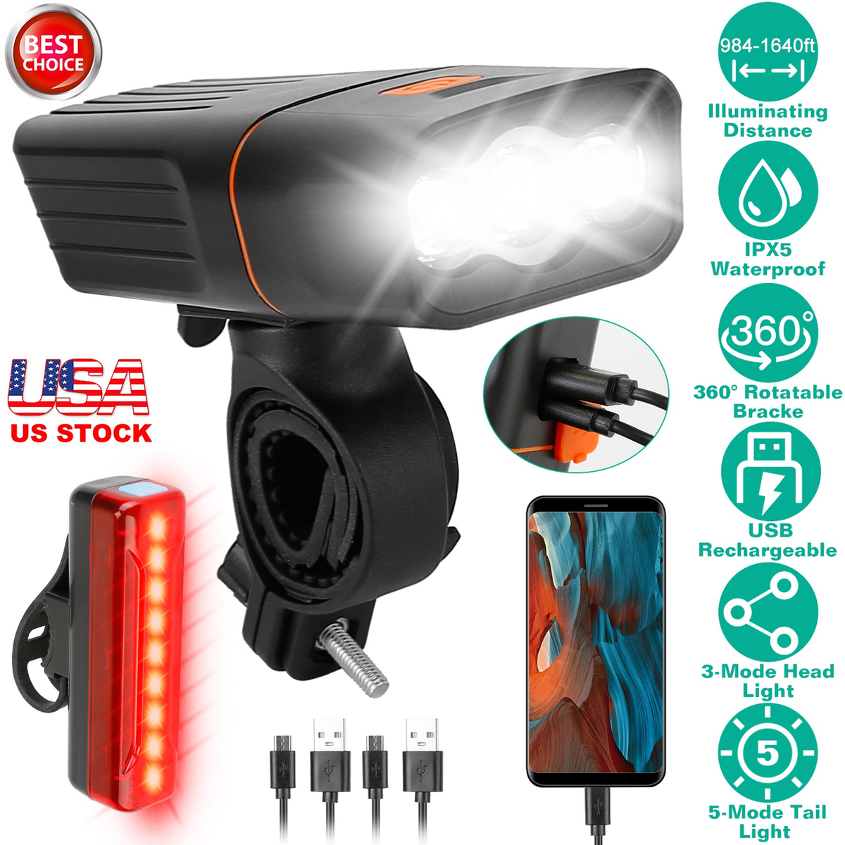 Super Bright Bike Light Set, Head and Tail Lights