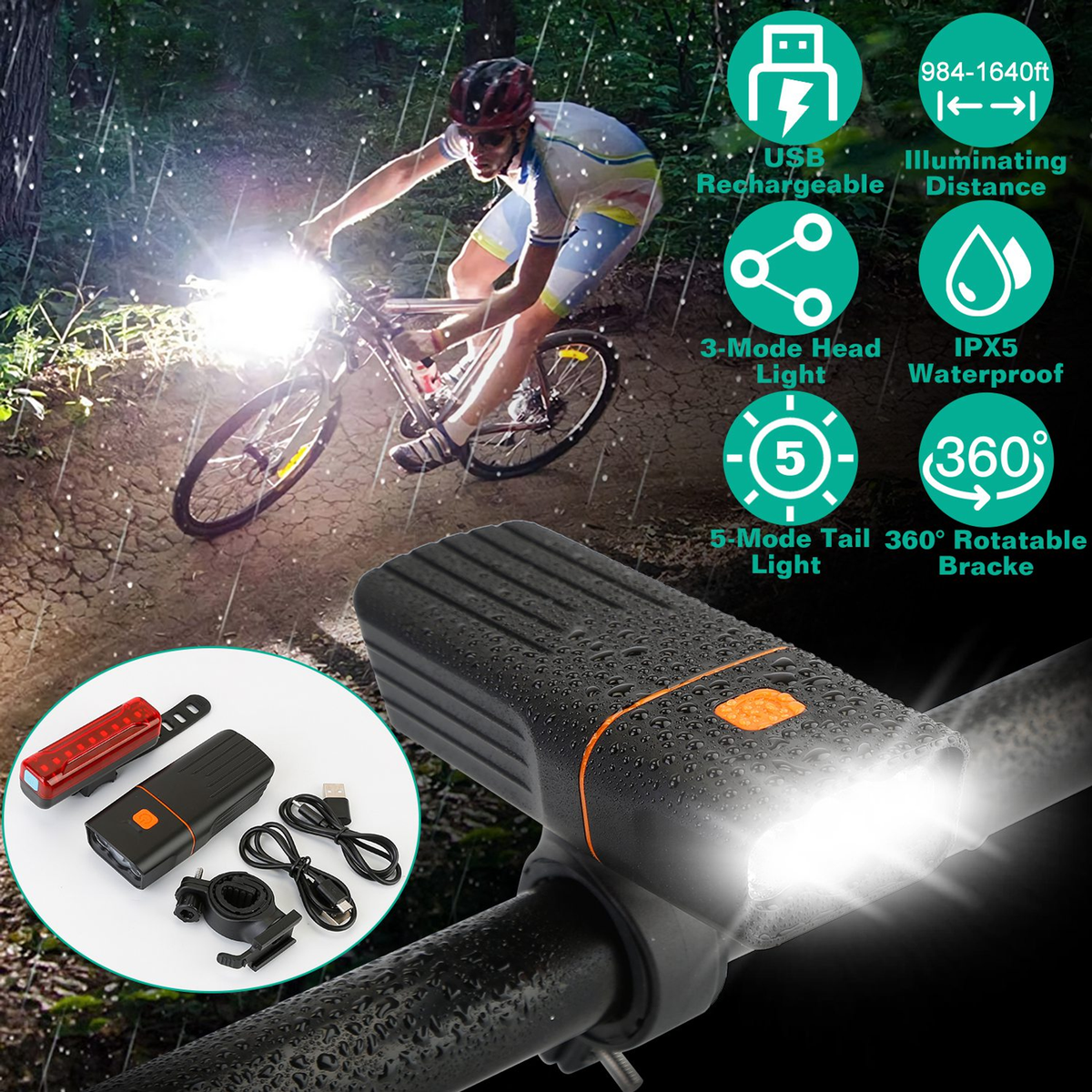 Super Bright Bike Light Set, Head and Tail Lights