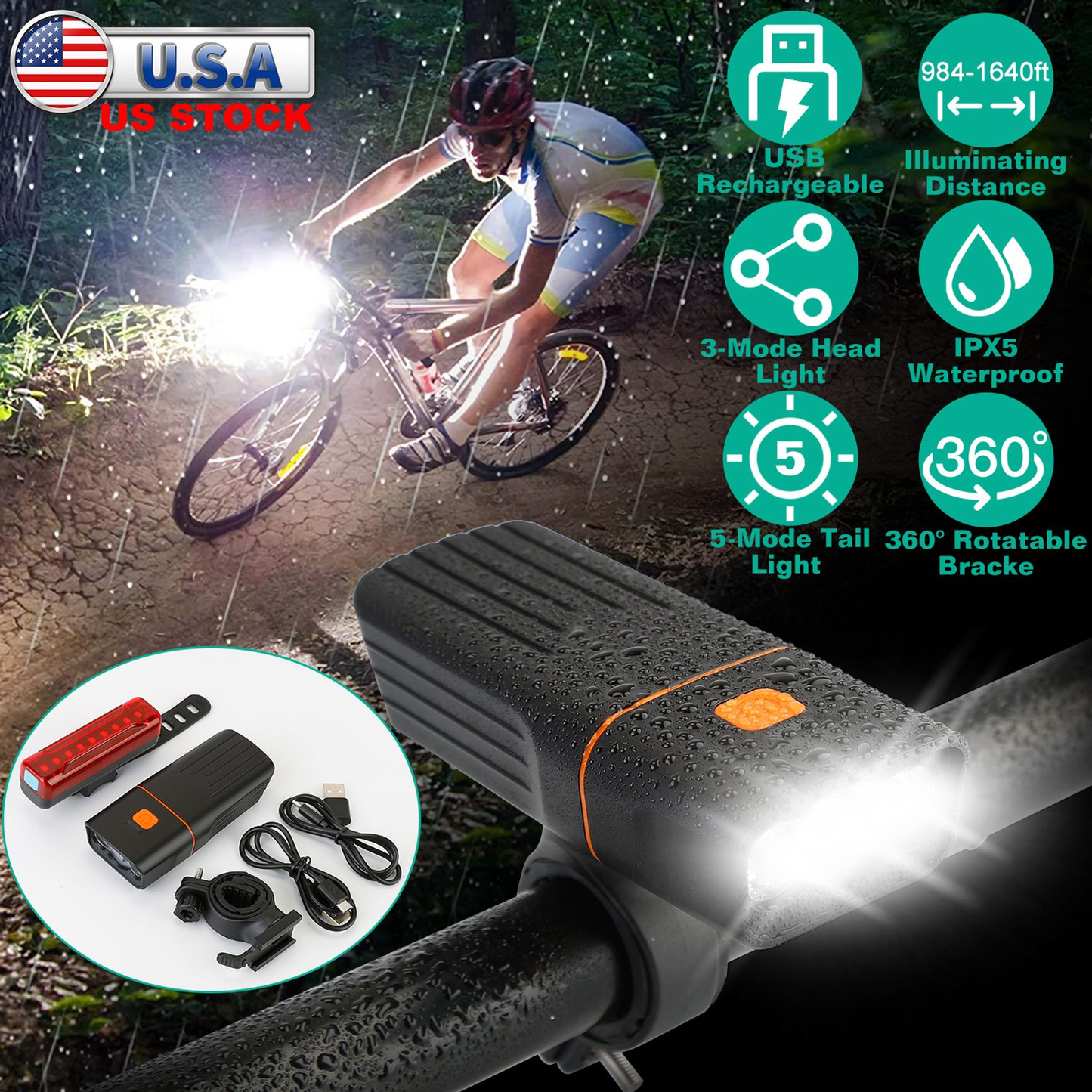 Super Bright Bike Light Set, Head and Tail Lights