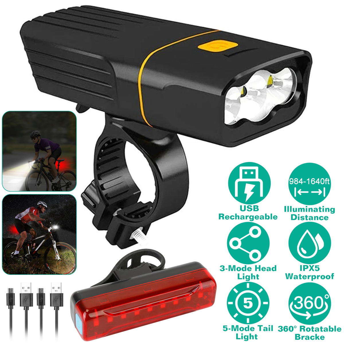 Super Bright Bike Light Set, Head and Tail Lights