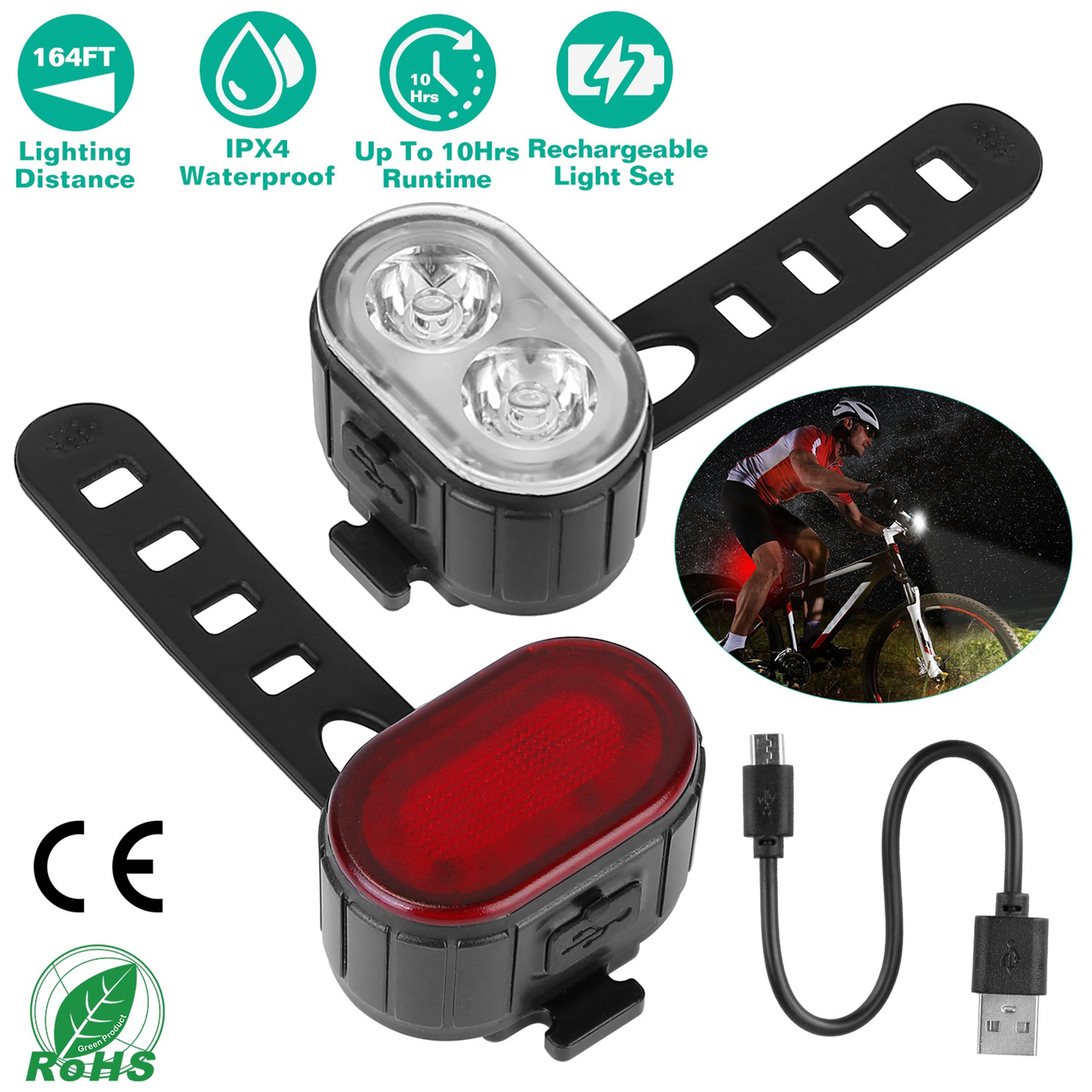 Rechargeable Bike Headlight and Taillight Set