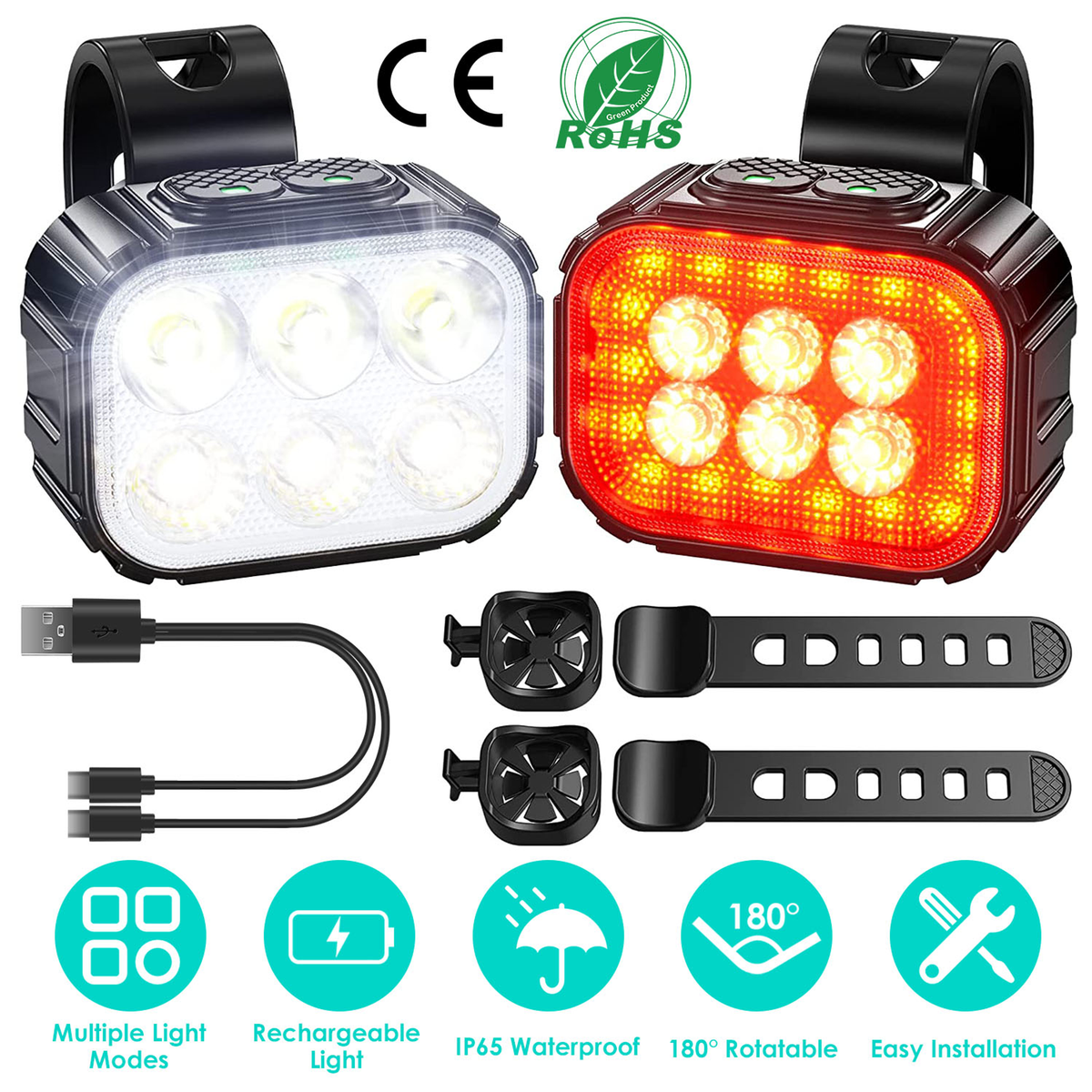 Rechargeable Bike Headlight and Taillight Set, IP65