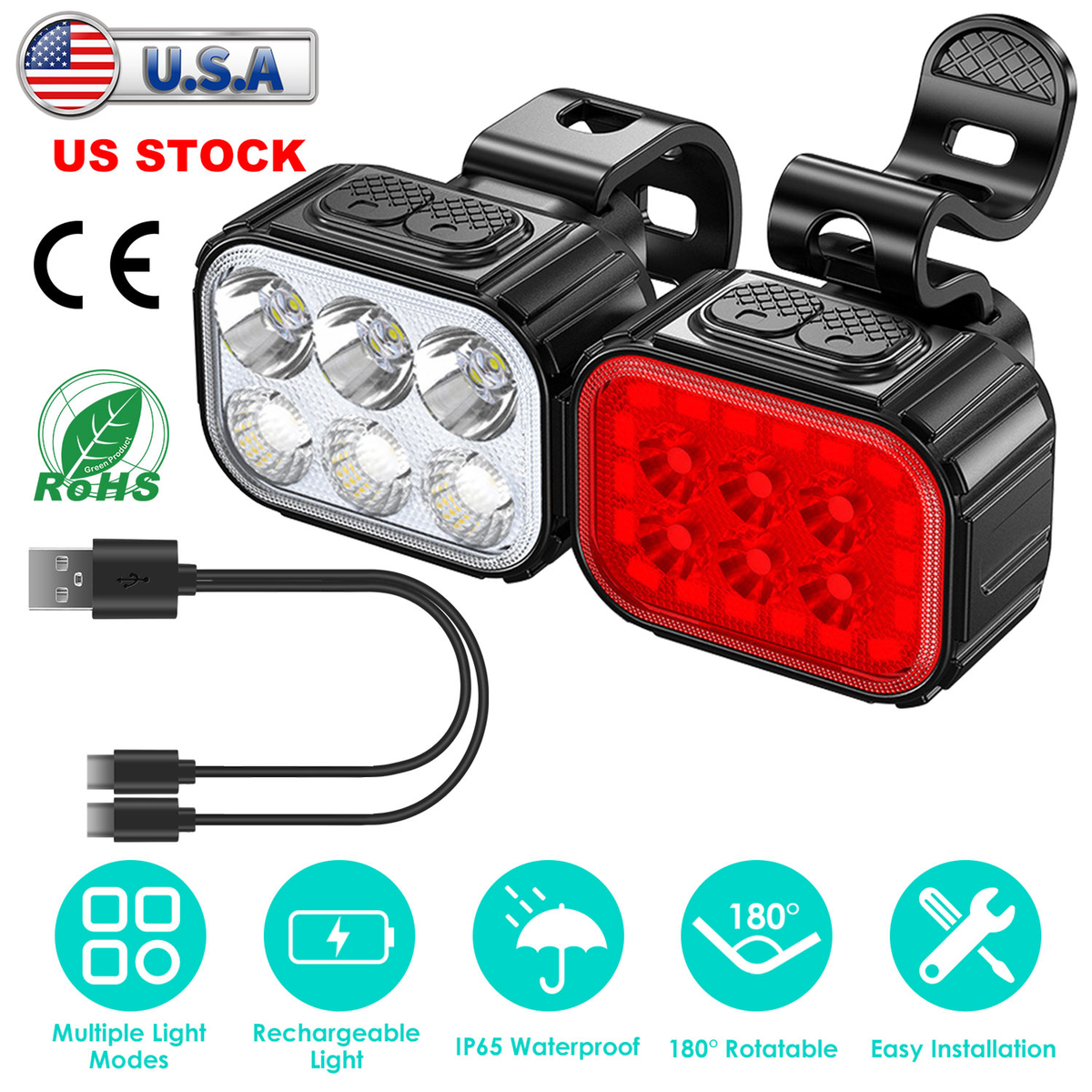 Rechargeable Bike Headlight and Taillight Set, IP65