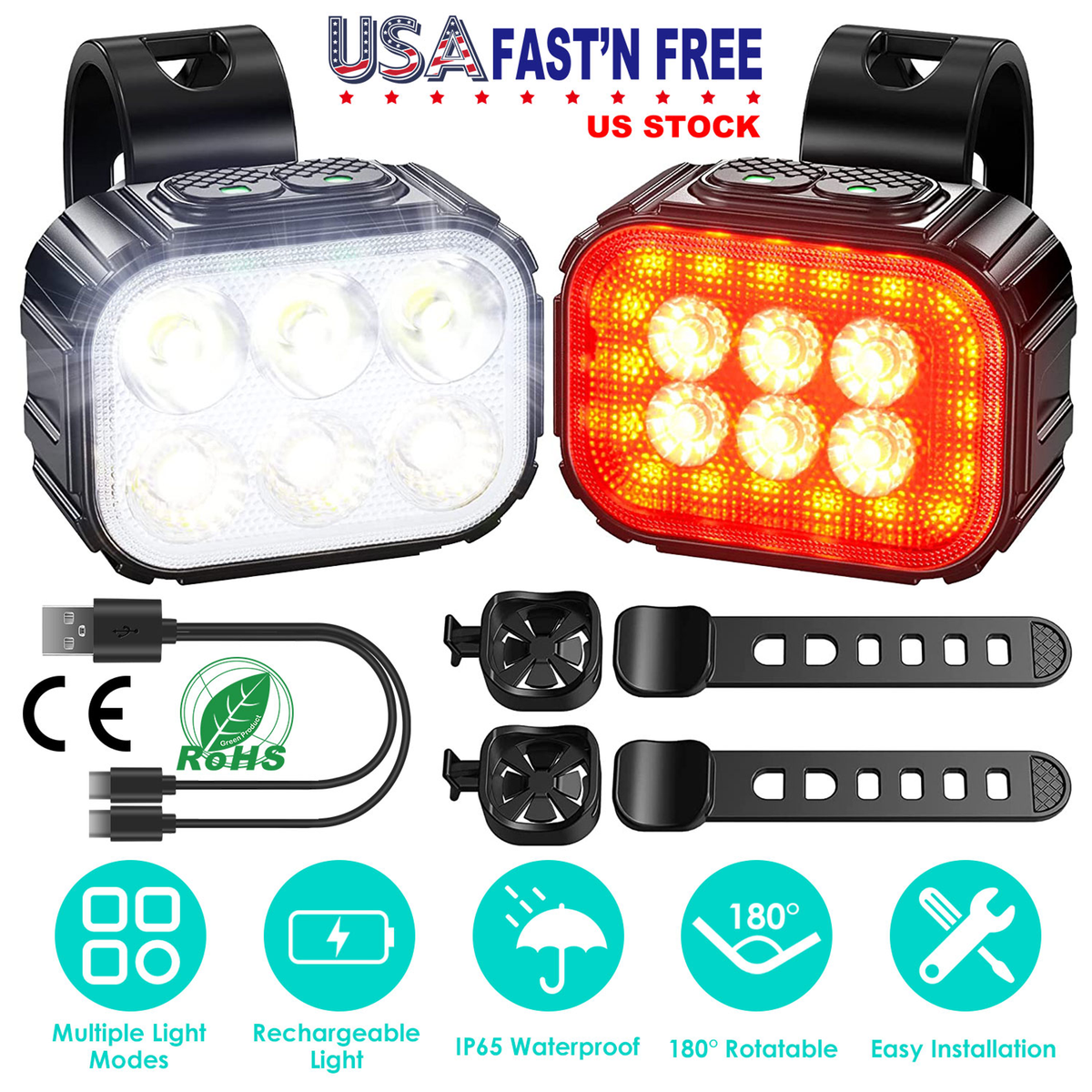 Rechargeable Bike Headlight and Taillight Set, IP65