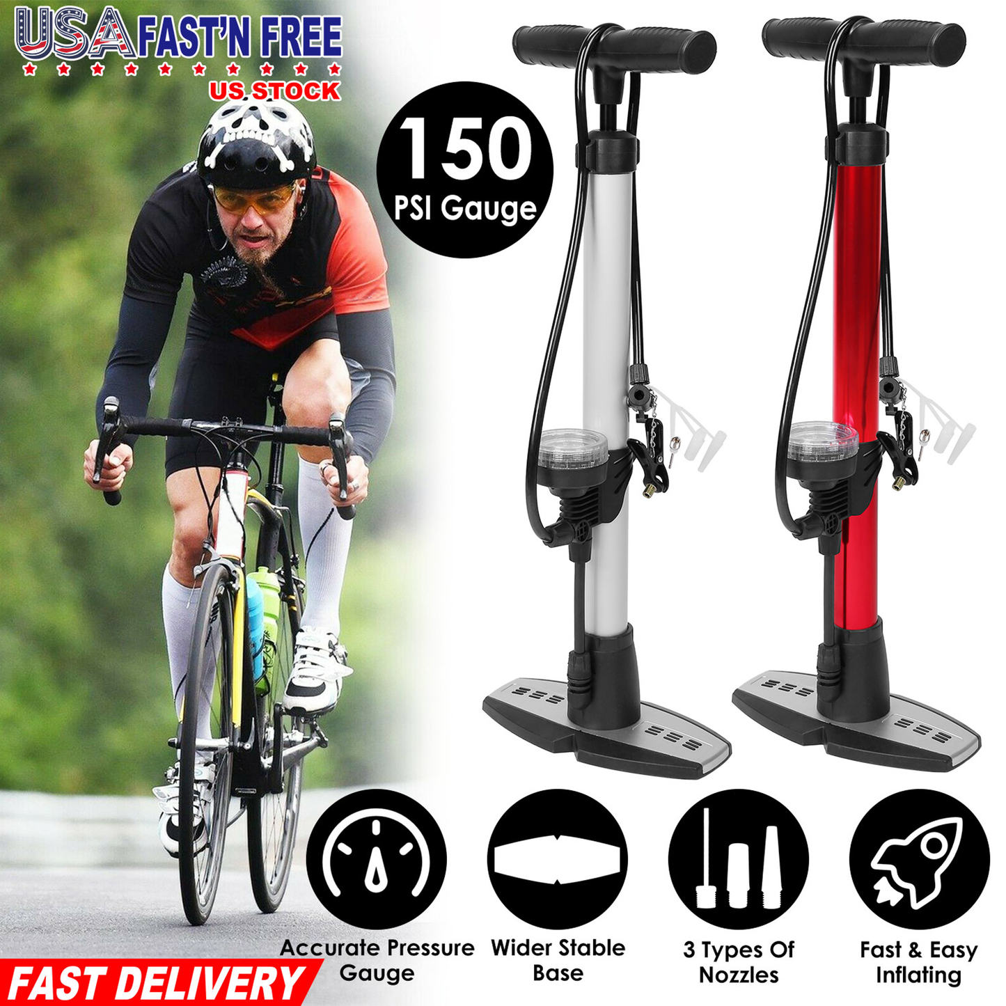 Mini Bike Pump with Gauge and T-Handle, Red