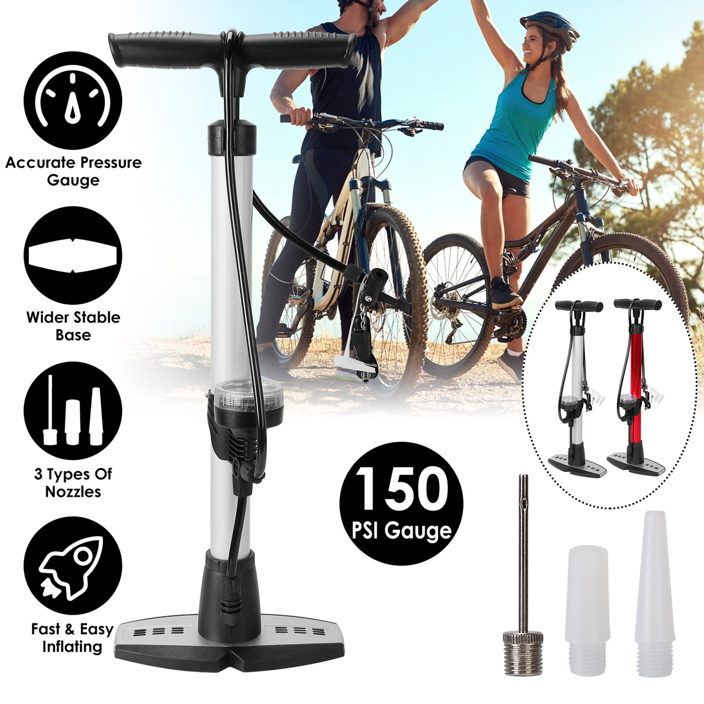 Mini Bike Pump with Gauge and T-Handle, Silver