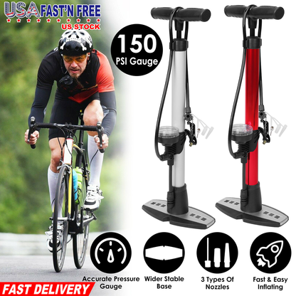 Mini Bike Pump with Gauge and T-Handle, Silver