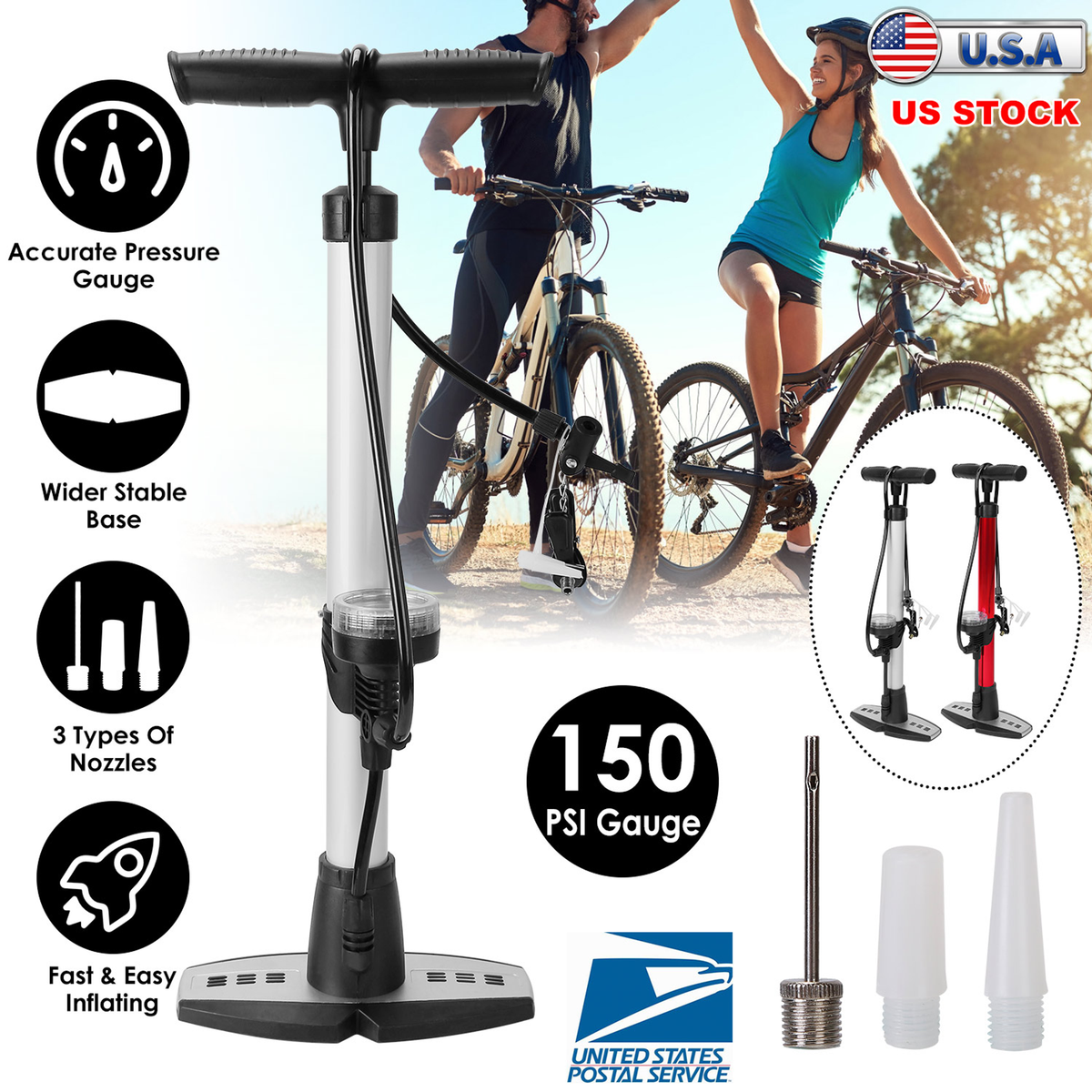 Mini Bike Pump with Gauge and T-Handle, Silver