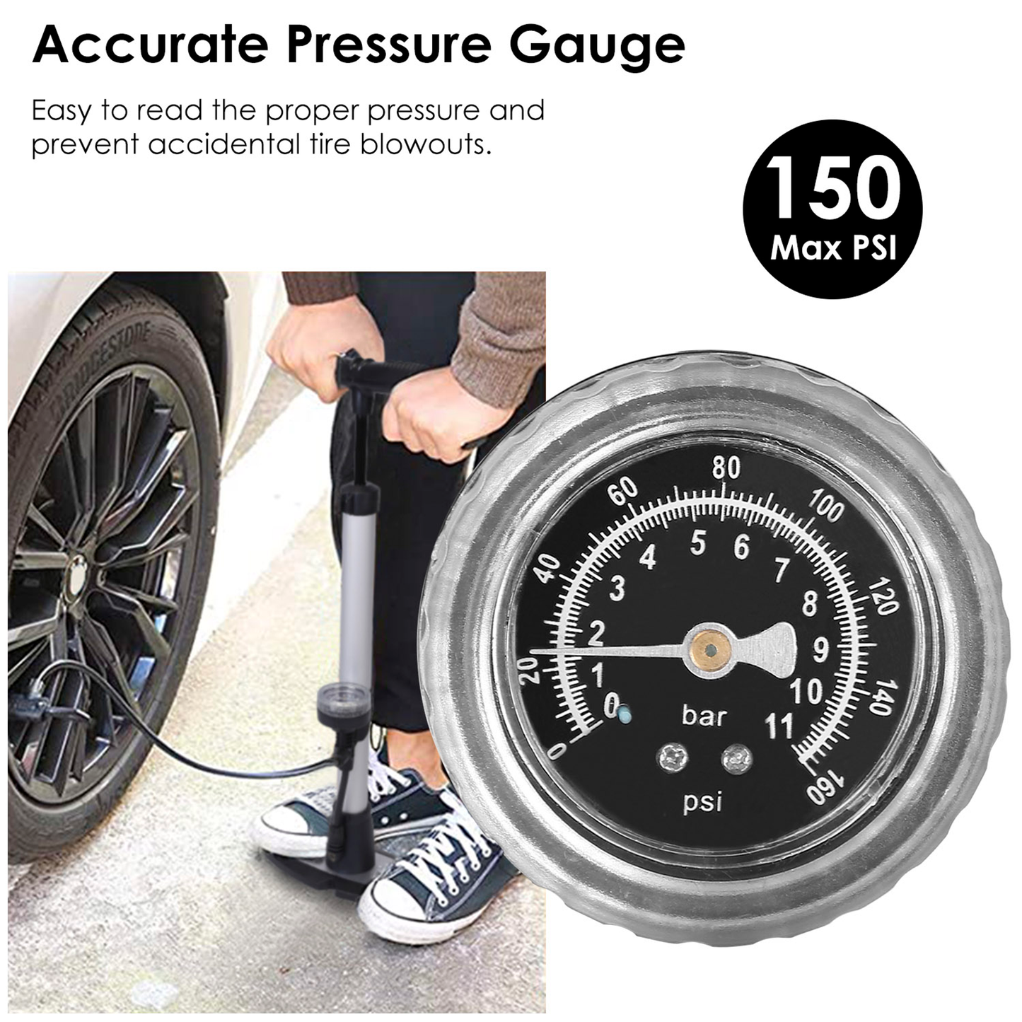 Mini Bike Pump with Gauge and T-Handle, Silver