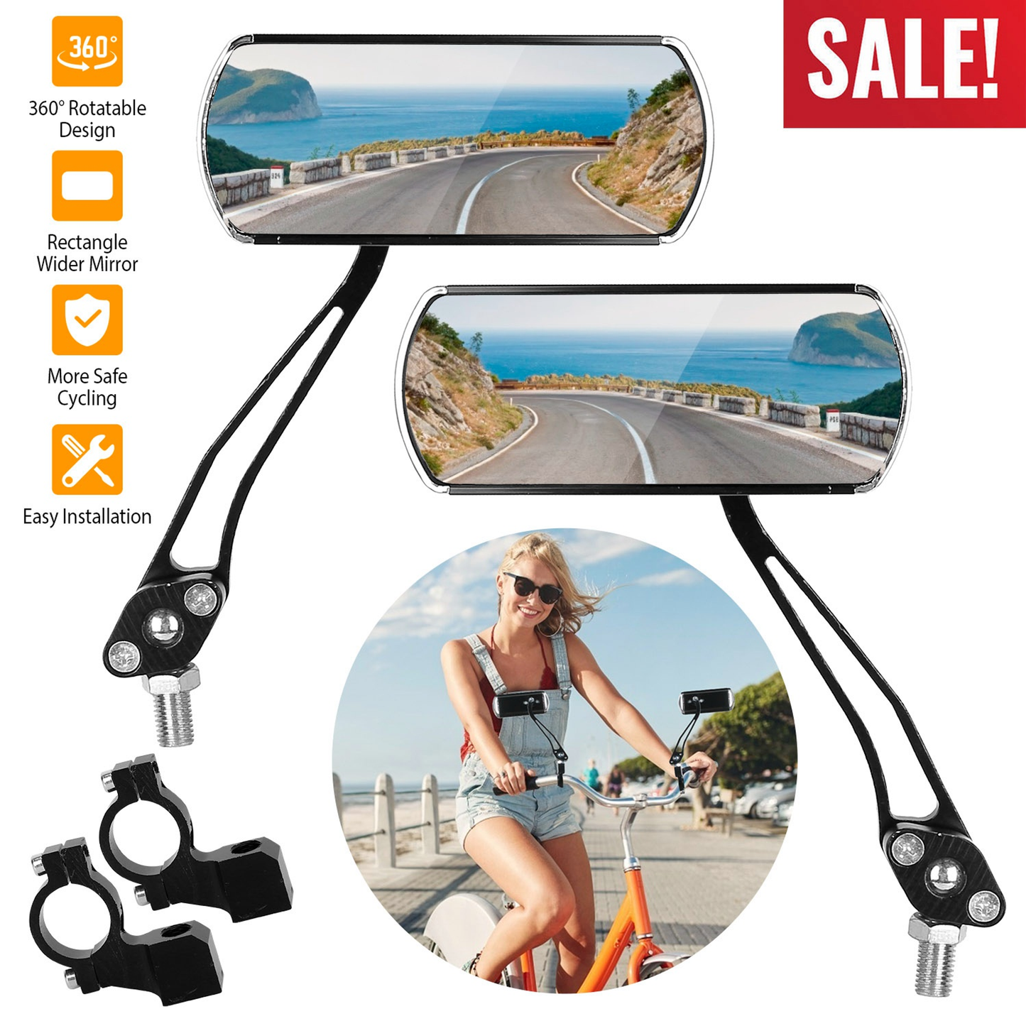 Bike Handlebar Rearview Mirrors, 360-Degree, Pair