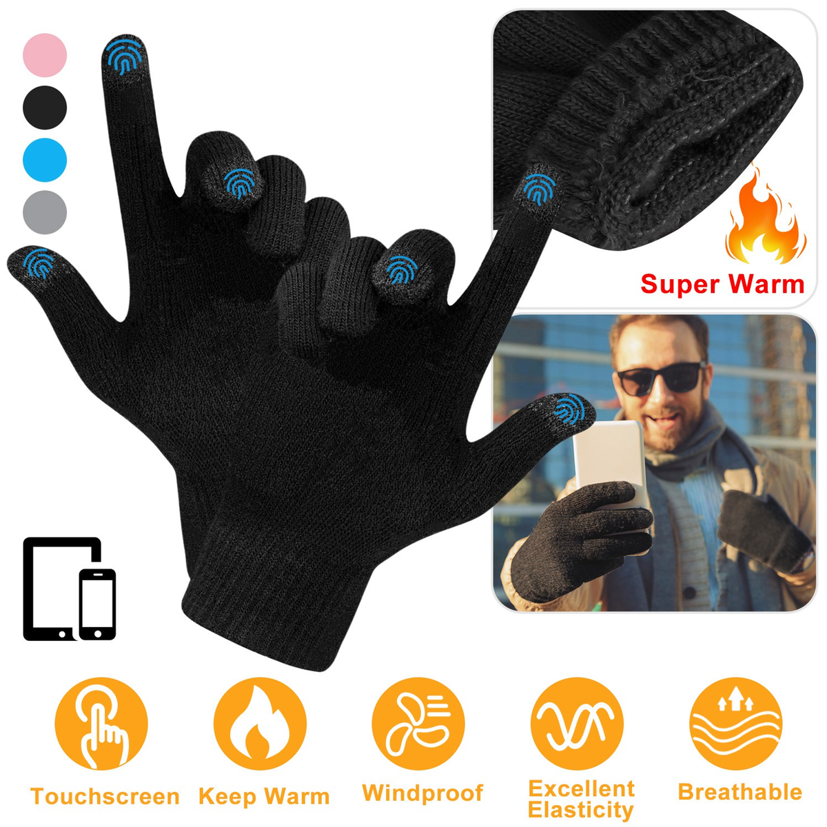 Unisex Winter Knit Touchscreen Gloves, Black
