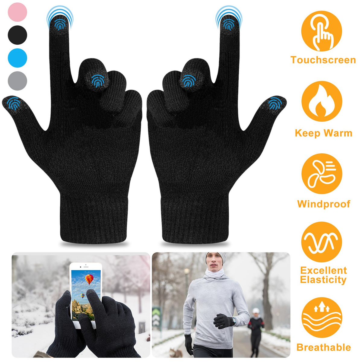 Unisex Winter Knit Touchscreen Gloves, Black