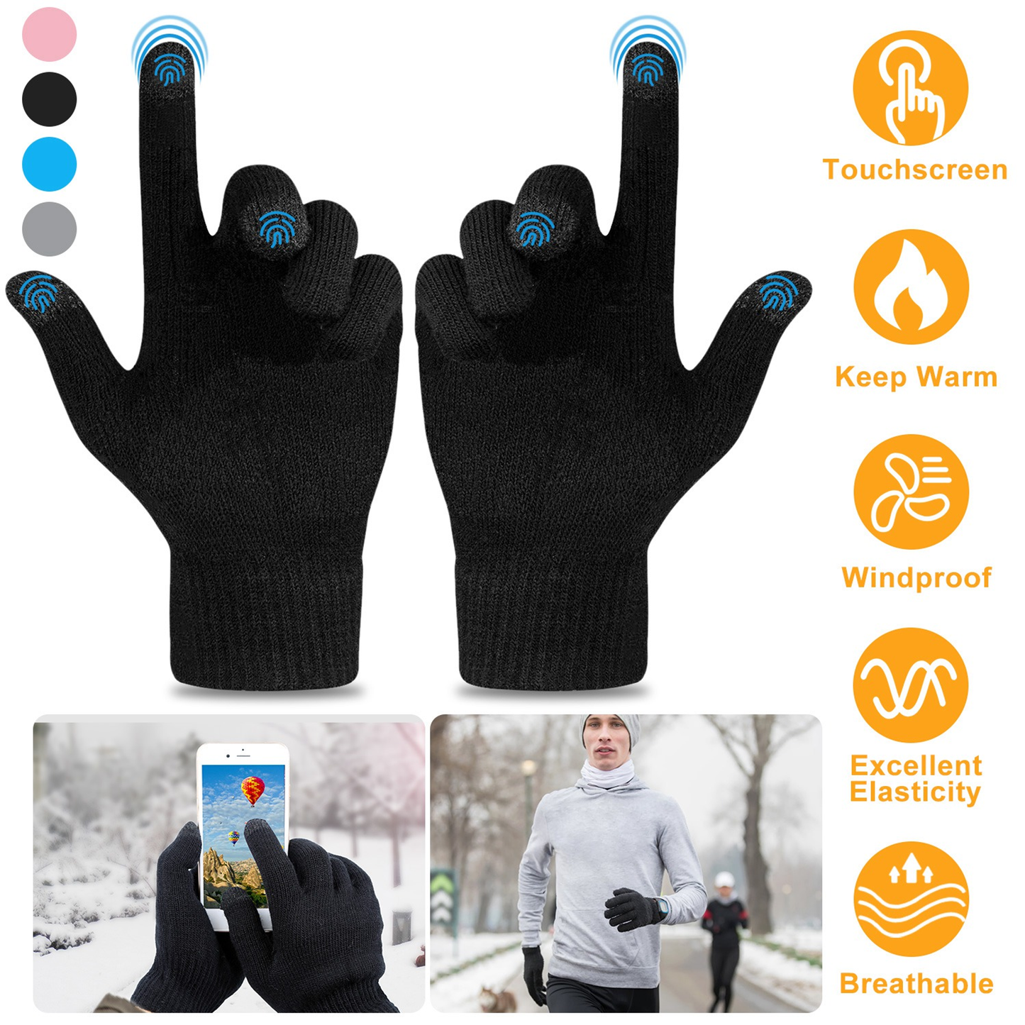 Unisex Winter Knit Touchscreen Gloves, Black