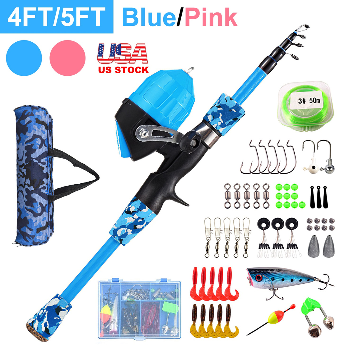 Kids Fishing Pole Set 4 ft Telescopic - Pink