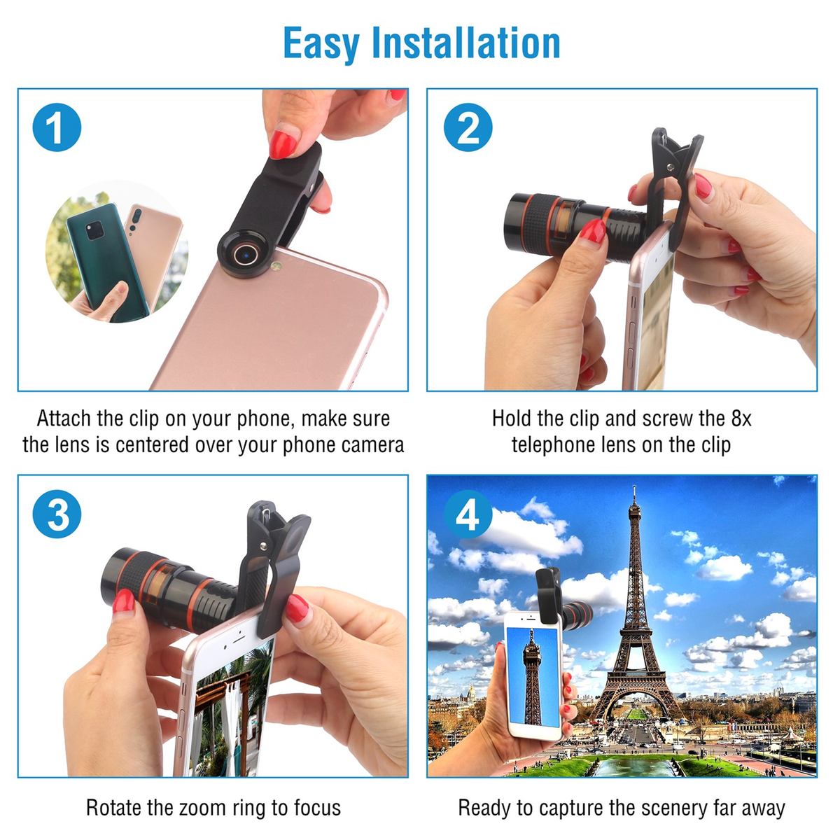 8X Telephoto Clip-On Phone Camera Lens