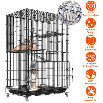 4 Tiers Cat Cage Rolling Metal Cat Playpen Enclosures Cat Kennel House