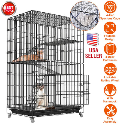 4 Tiers Cat Cage Rolling Metal Cat Playpen Enclosures Cat Kennel House