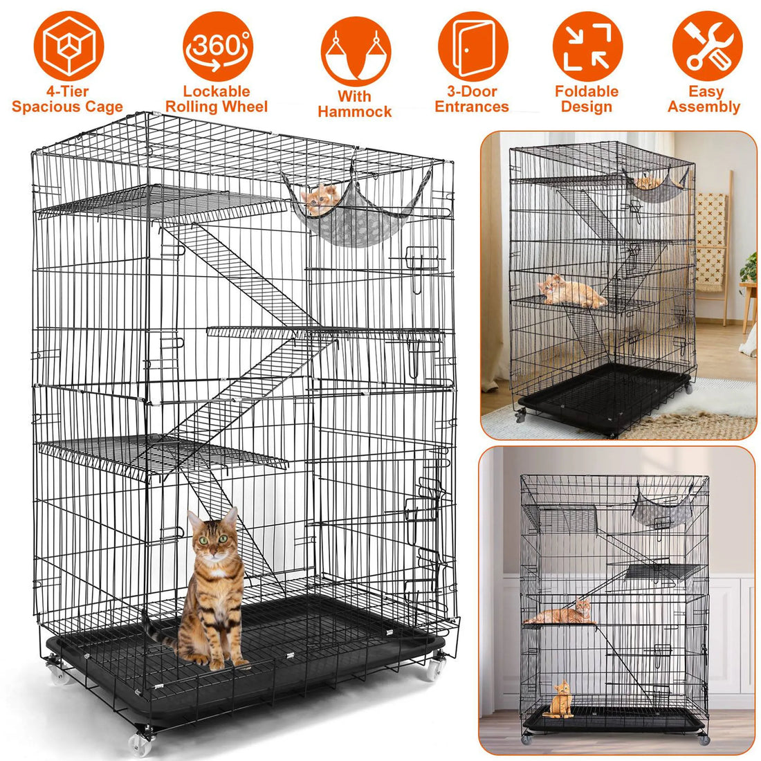 4 Tiers Cat Cage Rolling Metal Cat Playpen Enclosures Cat Kennel House