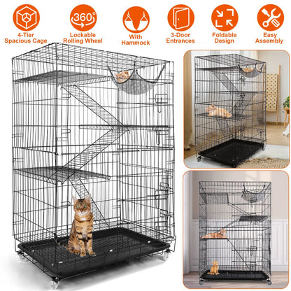 4 Tiers Cat Cage Rolling Metal Cat Playpen Enclosures Cat Kennel House