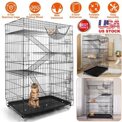 4 Tiers Cat Cage Rolling Metal Cat Playpen Enclosures Cat Kennel House