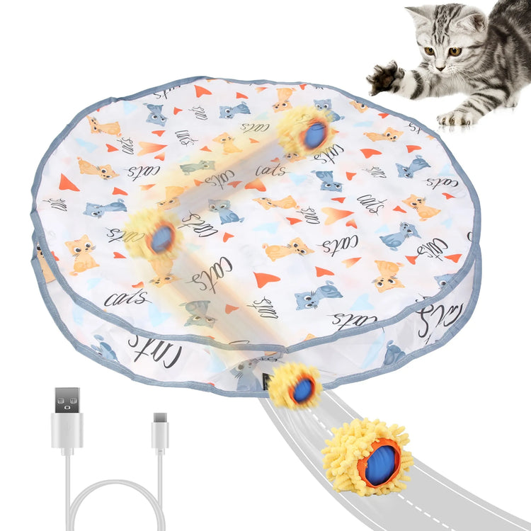 Two cats playing with the rolling toy ball