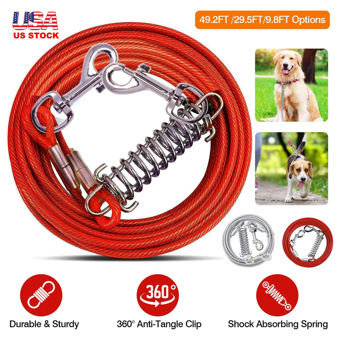 9.8FT Dog Tie Out Cable Long Dog Leash Chew Proof Lead Dog Chain