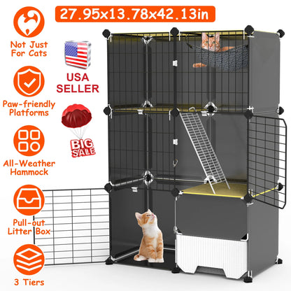 3 Tier Cat Cage Indoor with Litter Box Hammock Detachable Metal