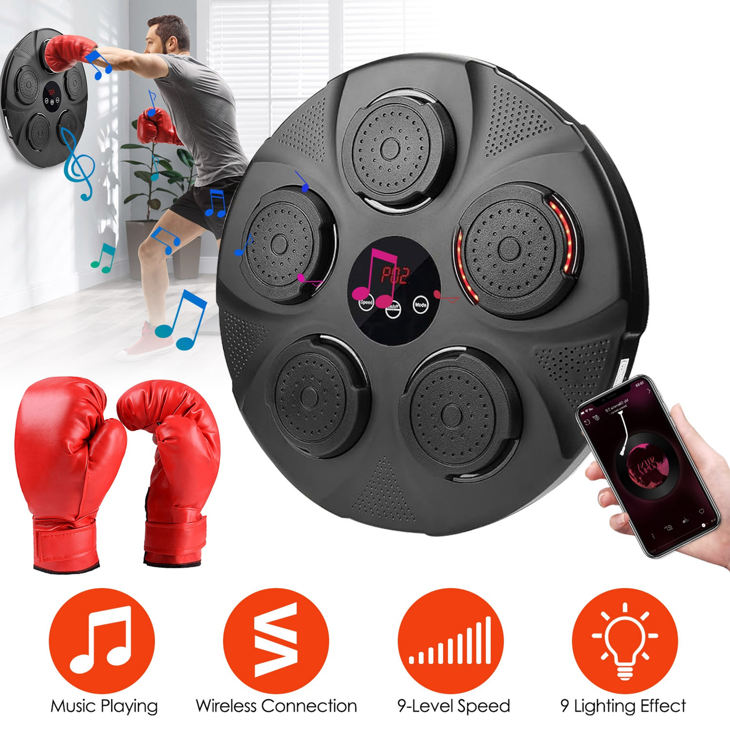 Music Boxing Machine with Wall Target and Adult Gloves