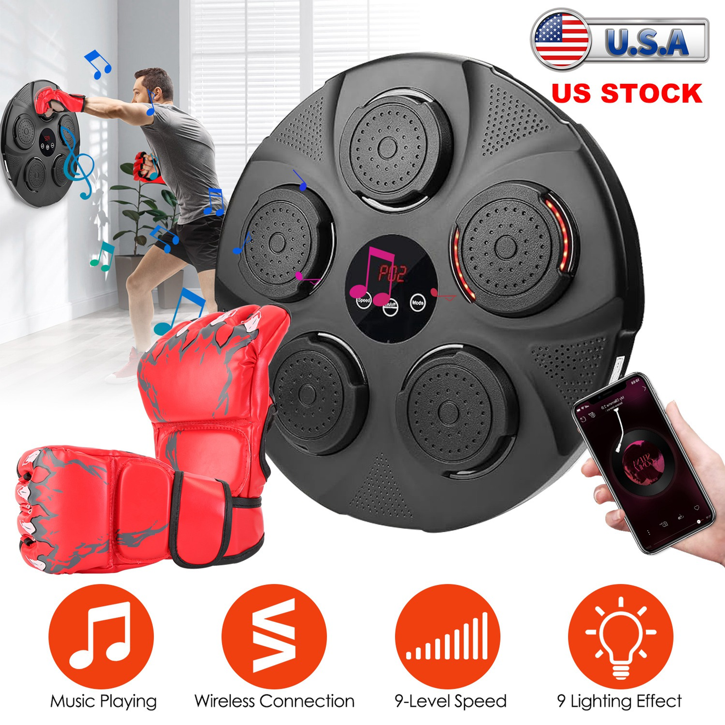 Music Boxing Machine with Wall Target and Half-Finger Gloves