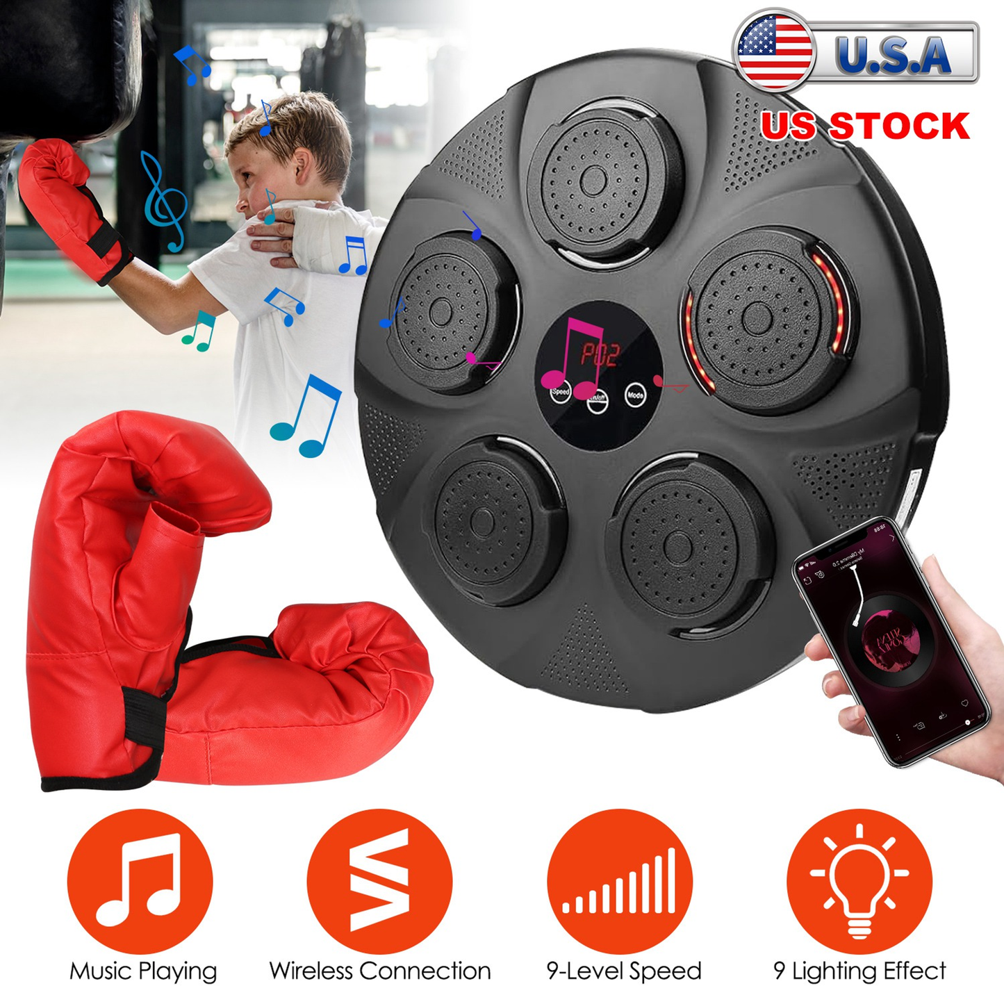 Music Boxing Machine with LED Wall Target and Kids Gloves