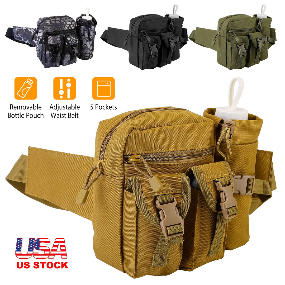 Tactical Waist Bag with 5 Pockets & Bottle Holder
