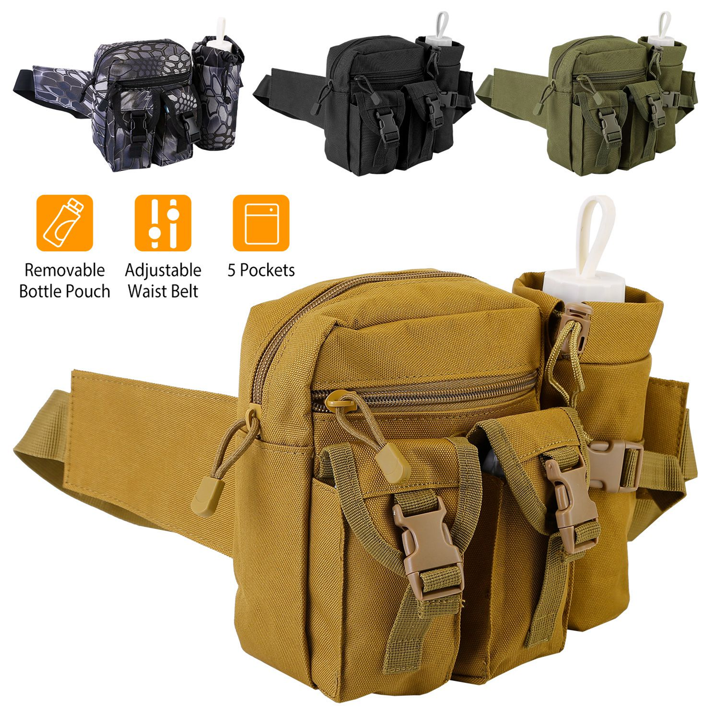 Tactical Waist Bag with 5 Pockets & Bottle Holder