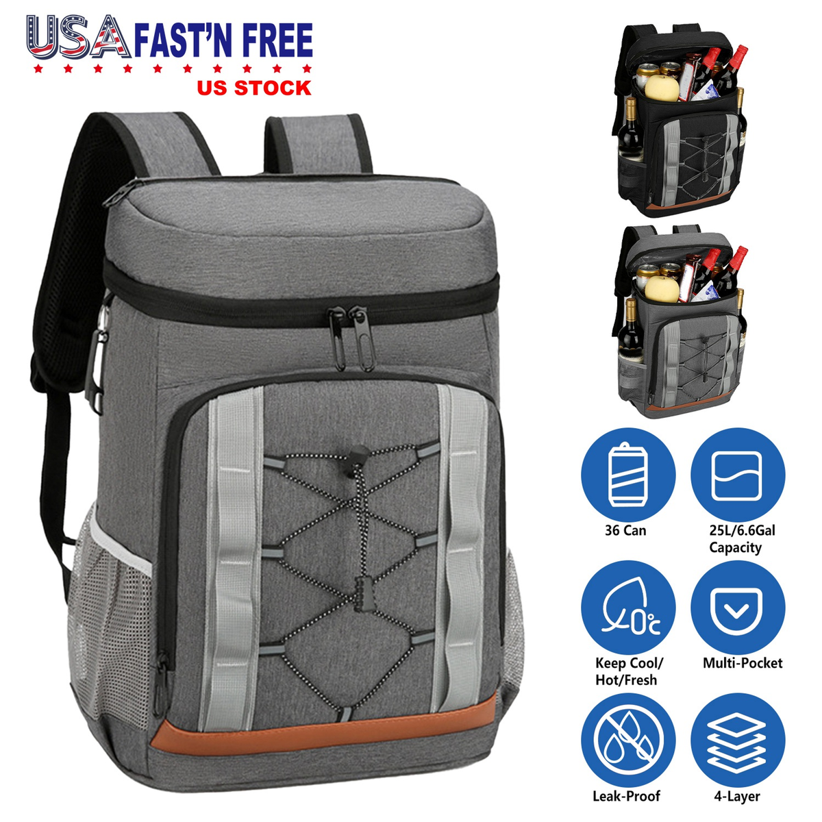Insulated Cooler Backpack 36-Can Leakproof, Grey