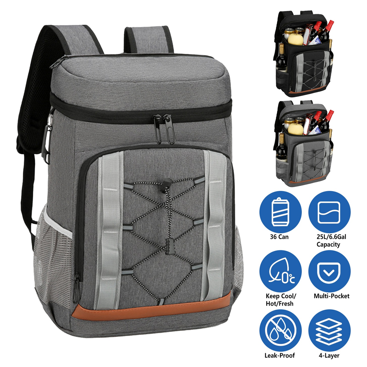 Insulated Cooler Backpack 36-Can Leakproof, Grey