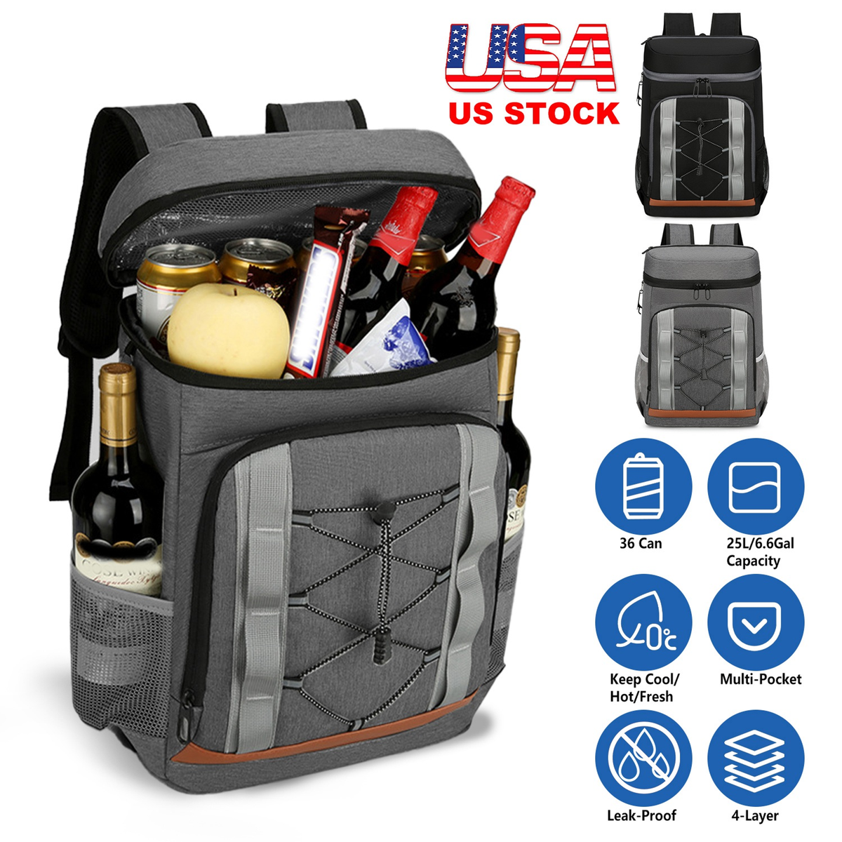 Insulated Cooler Backpack 36-Can Leakproof, Grey