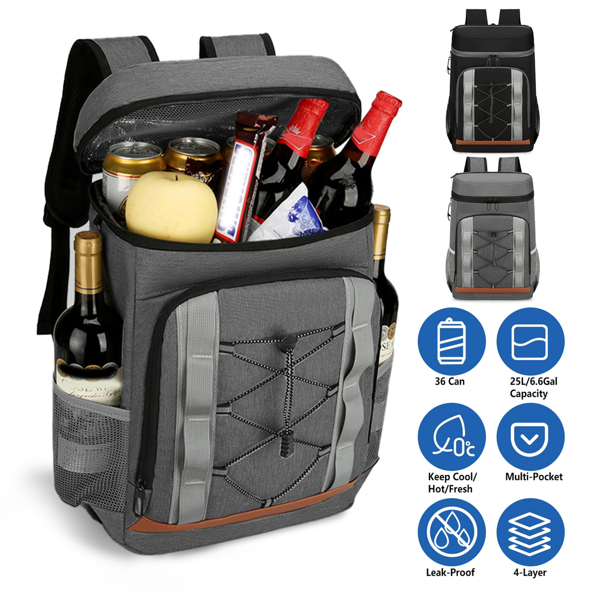 Insulated Cooler Backpack 36-Can Leakproof, Grey