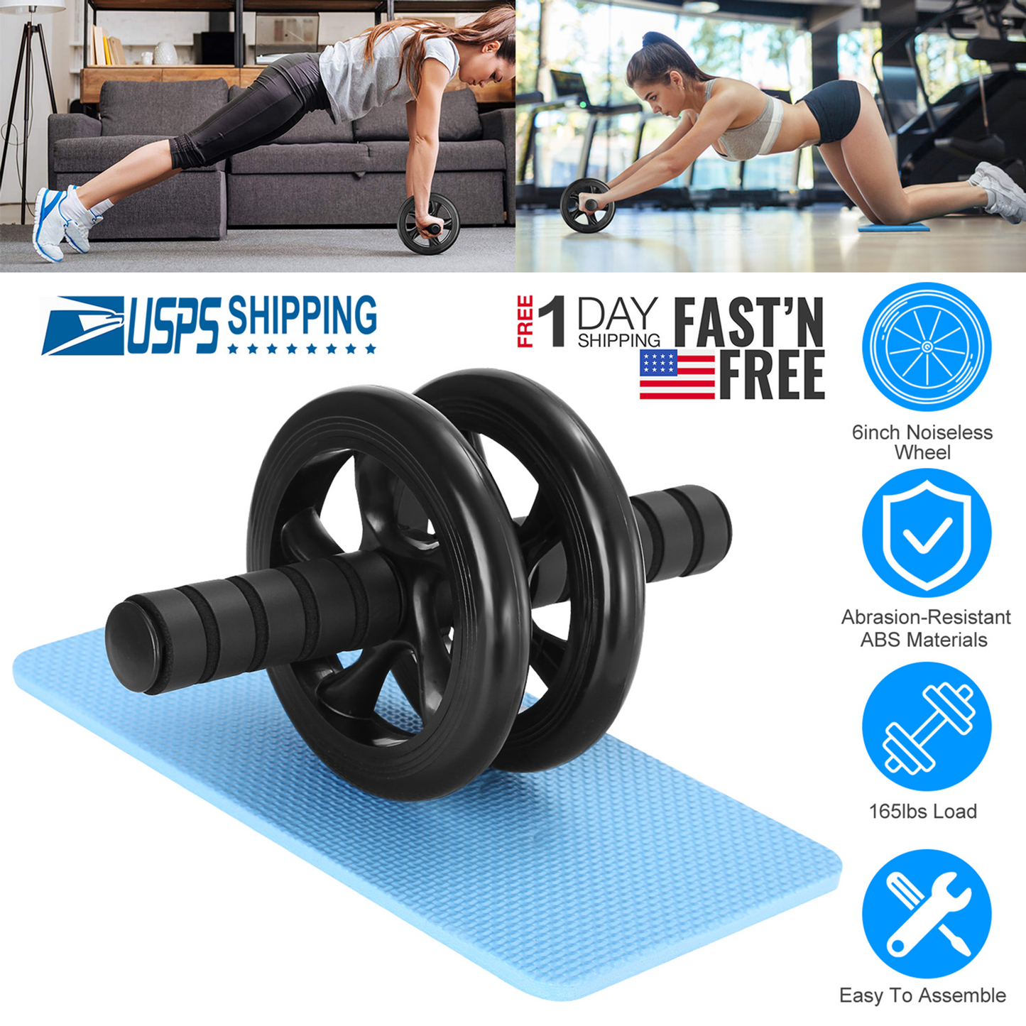 Ab Roller Wheel with Knee Pad, Dual-Wheel