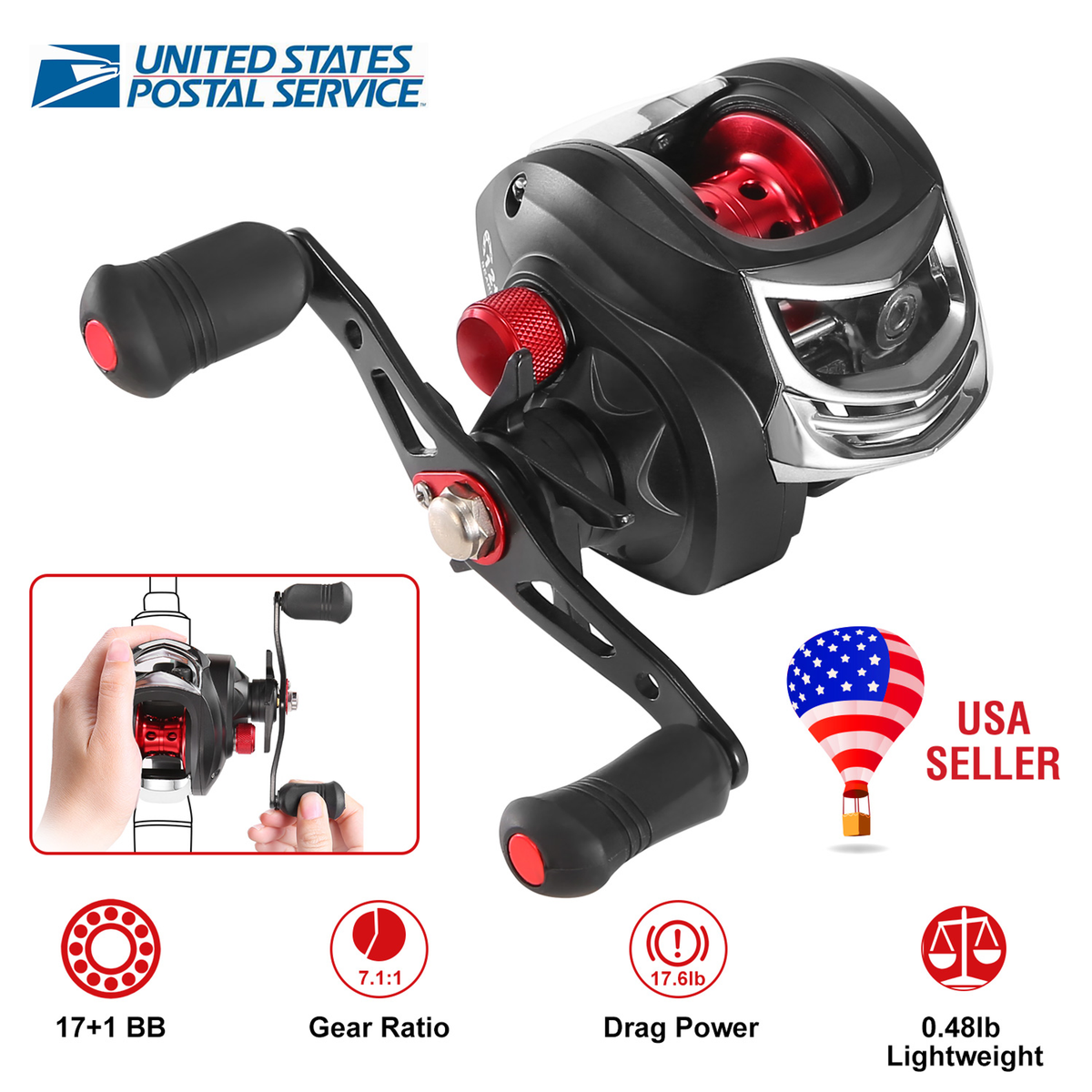 Baitcasting Fishing Reel, Left-Hand, 17.5 lb Drag
